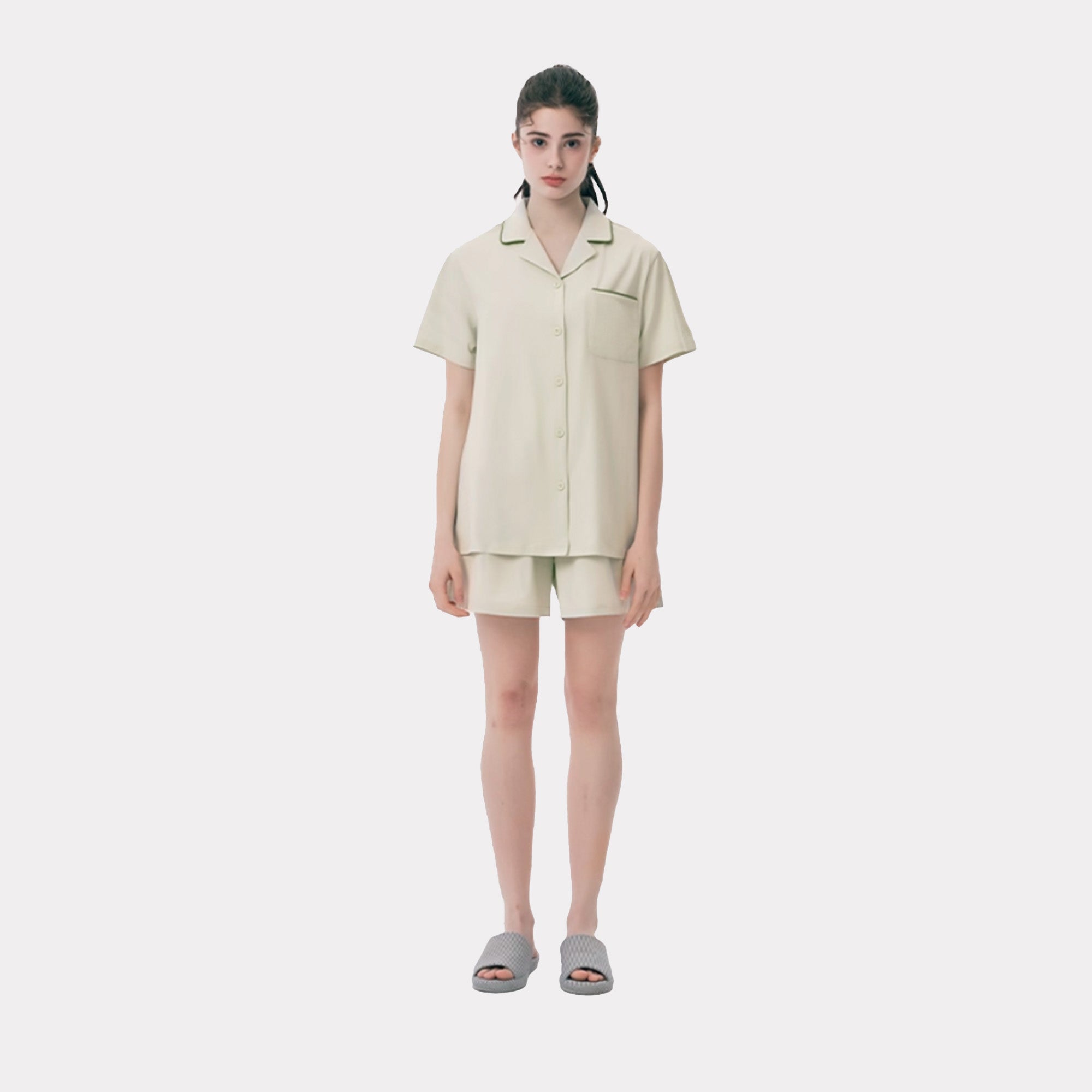 Pure cotton women's casual lapel solid color pajamas